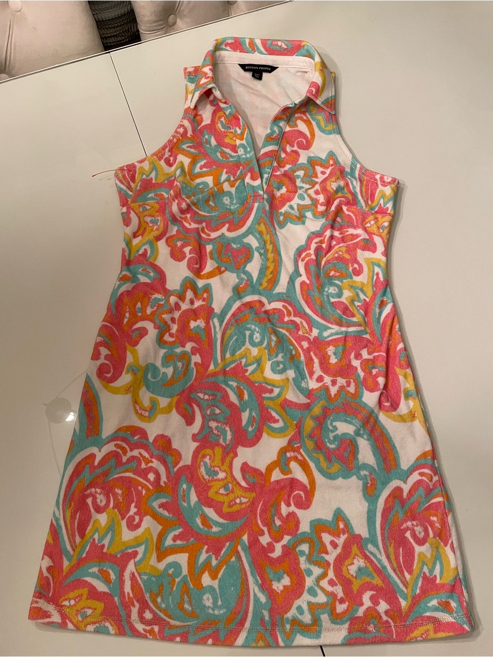 Boston Proper Sleeveless Paisley Mini Dress in White, Pink, Teal, Yellow